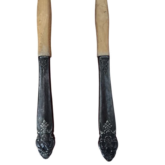 Sterling Silver Teak Wood Handle Salad Serving Set Spoon Fork Tong VTG 1960s - Picture 2 of 5